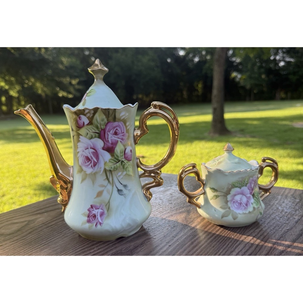 Vintage LEFTON Green Heritage Pink Rose Teapot 3065 Sugar Bowl 05851 2 Piece Set